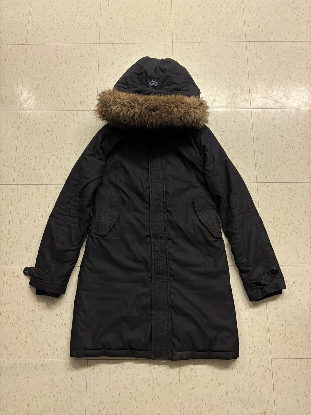 Vintage TNA Women’s Black Long Jacket with Faux-Fur Hood